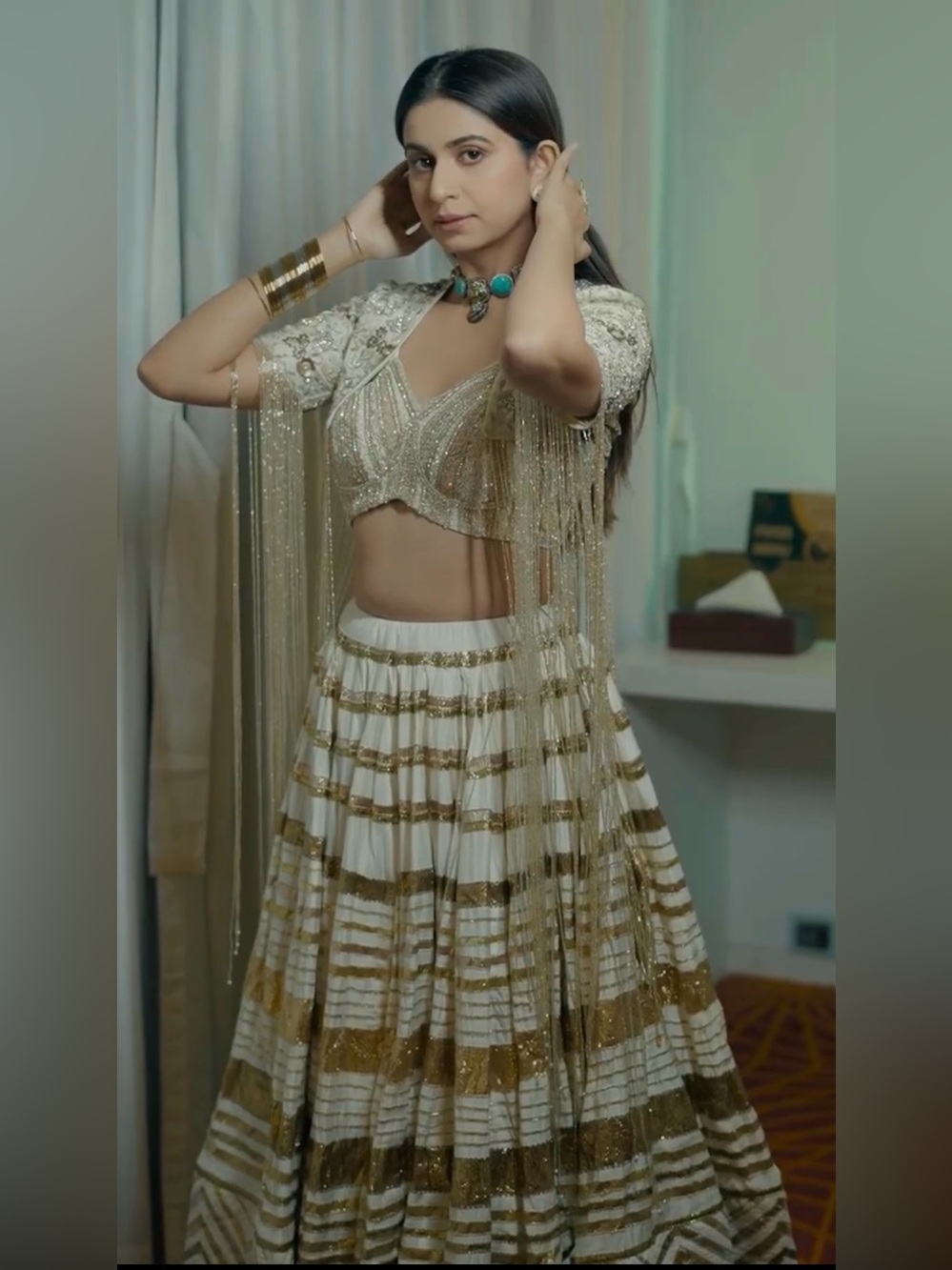 Kinjal Dave Elegant Cream Lahenga
